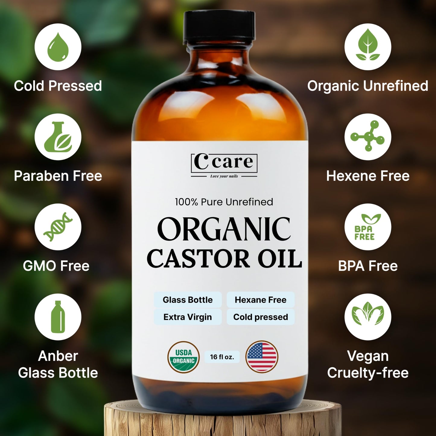 Authentic C CARE amber glass bottle castor oil for skin moisturization