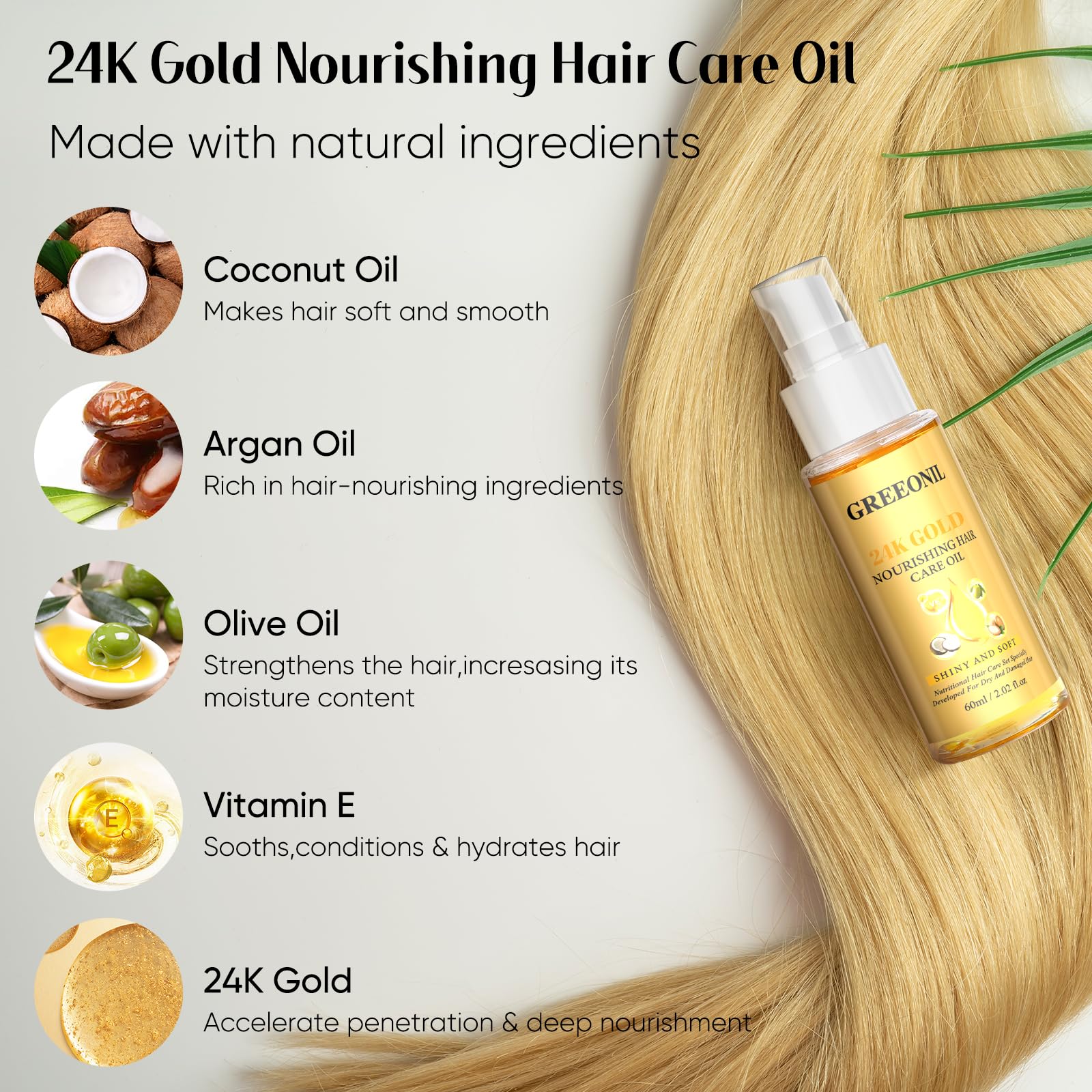 GREEONIL nourishing hair oil packaging showing argan coconut and olive oil ingredients