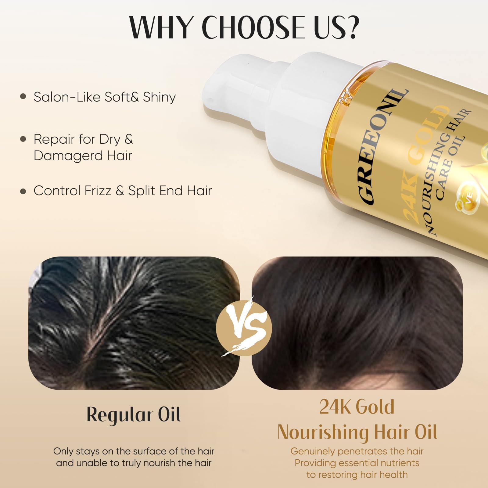 Lightweight texture of GREEONIL anti frizz hair serum applied on hands