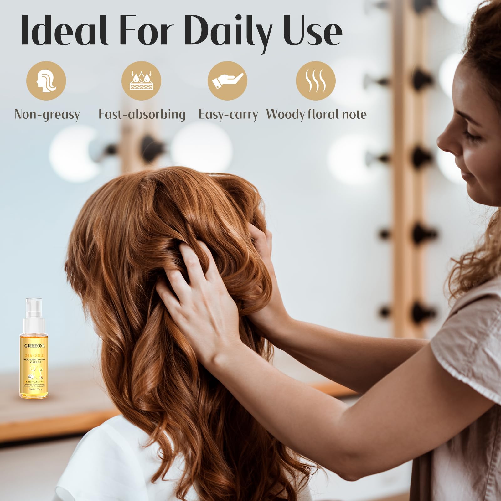 GREEONIL 60ml split end repair serum next to natural botanical elements