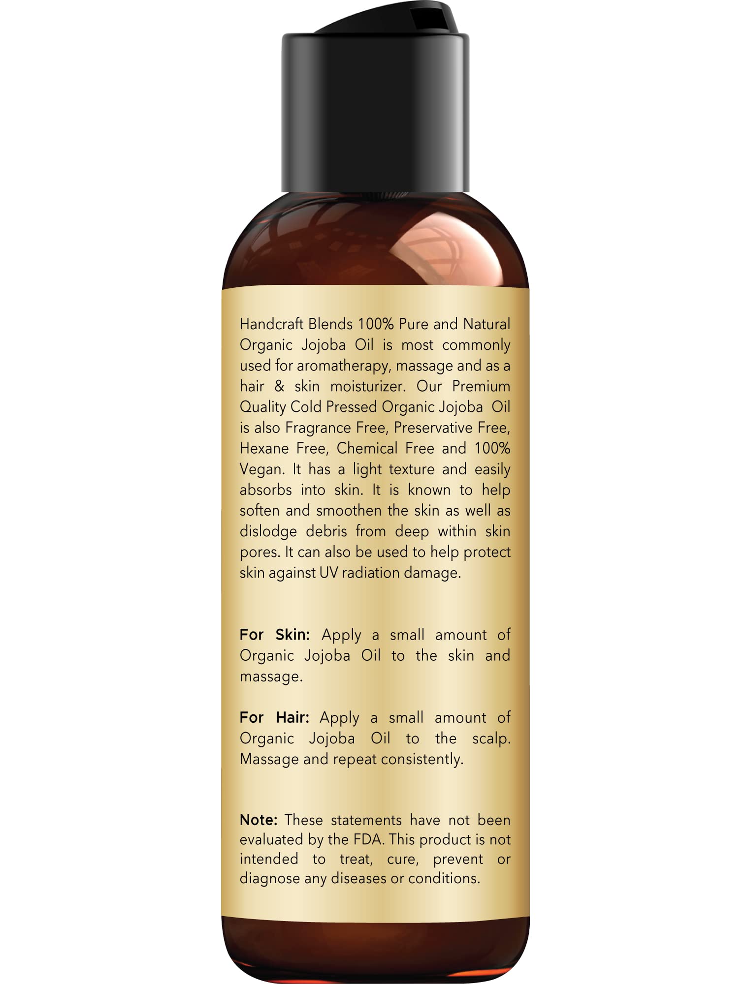 Back label of Handcraft Blends cold pressed jojoba oil showing ingredients and organic certifications.