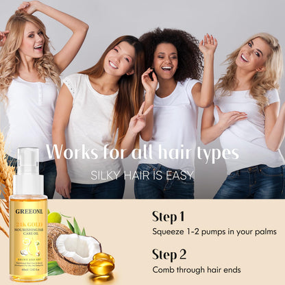 Side view of GREEONIL 24K gold nourishing hair care oil premium packaging
