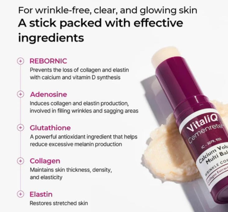 Side angle view of the authentic VitaliQ anti-aging stick packaging highlighting the collagen ingredients.