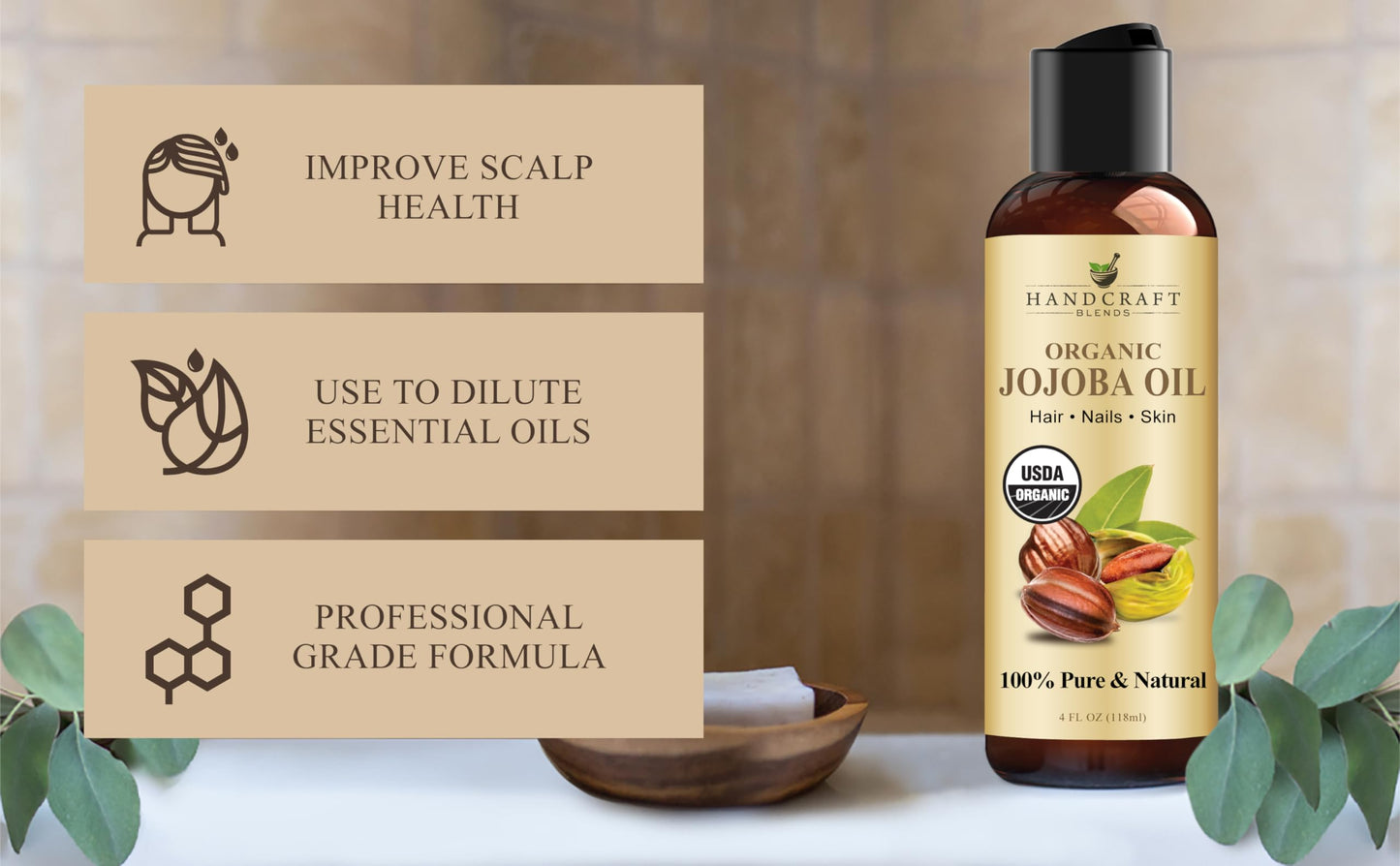Handcraft Blends pure organic carrier oil bottle placed next to natural ingredients.