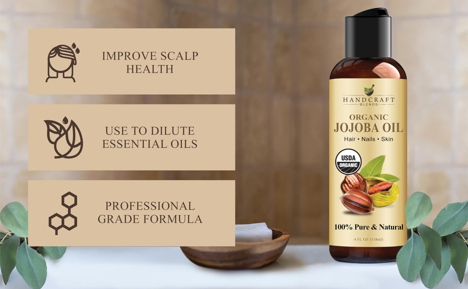 Handcraft Blends pure organic carrier oil bottle placed next to natural ingredients.