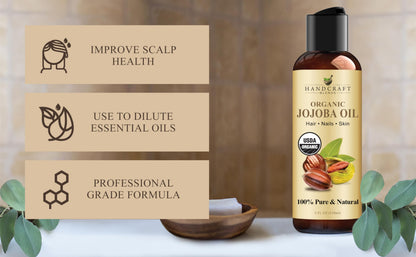 Handcraft Blends pure organic carrier oil bottle placed next to natural ingredients.