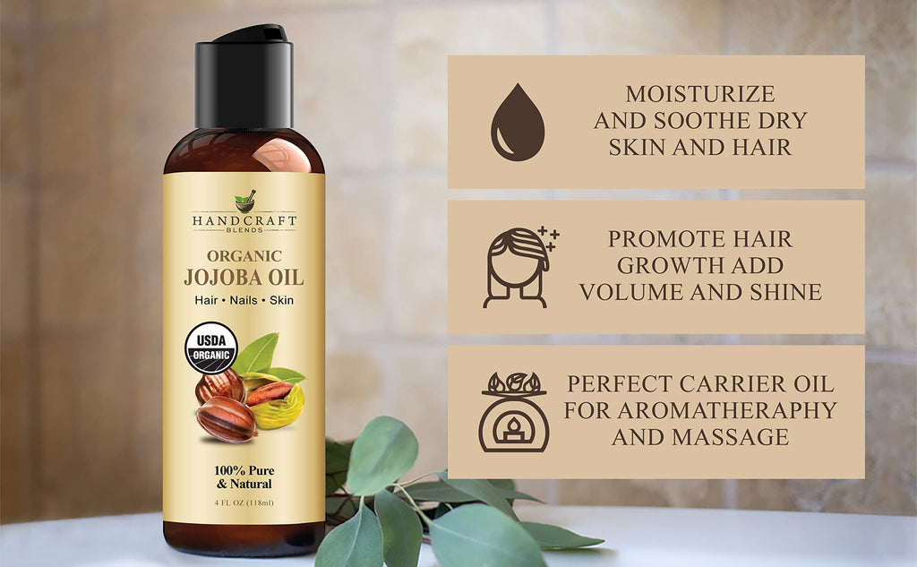 Premium grade hexane-free jojoba oil bottle showing the 100% pure and natural label.