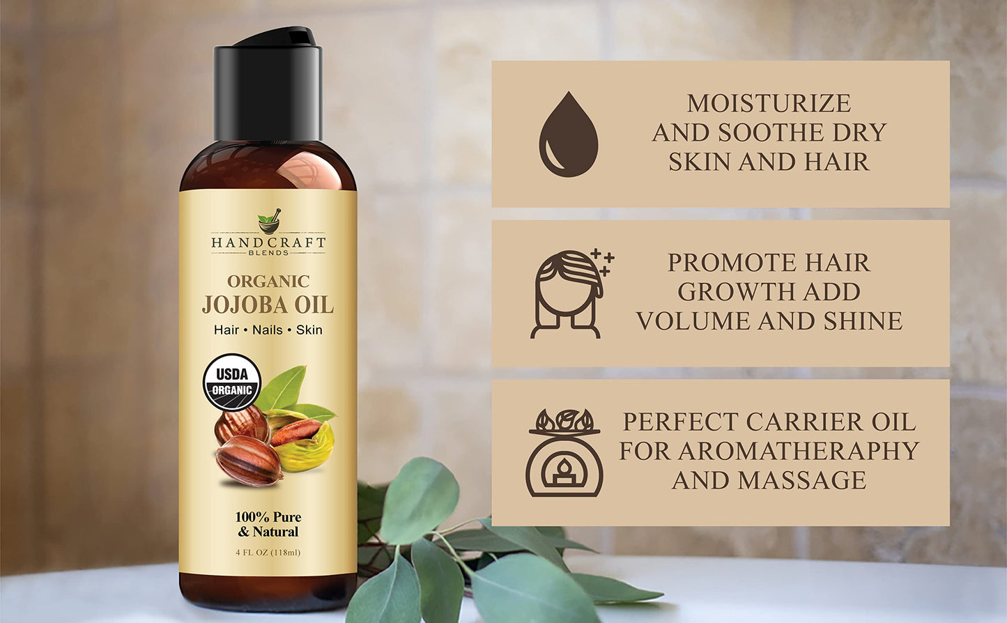 Premium grade hexane-free jojoba oil bottle showing the 100% pure and natural label.