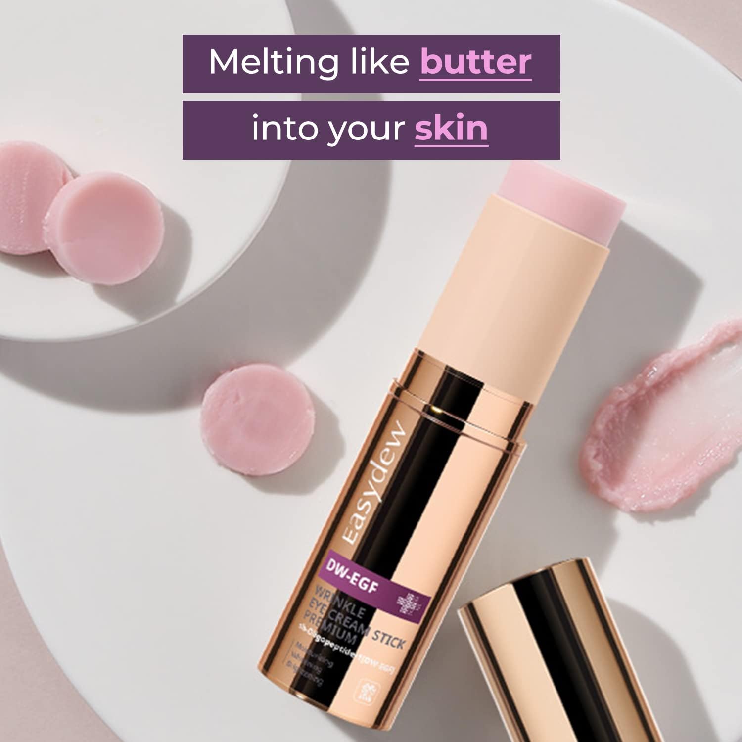 EASYDEW DW-EGF Wrinkle Eye Cream Stick Balm twisted open to reveal the light purplish solid formulation.