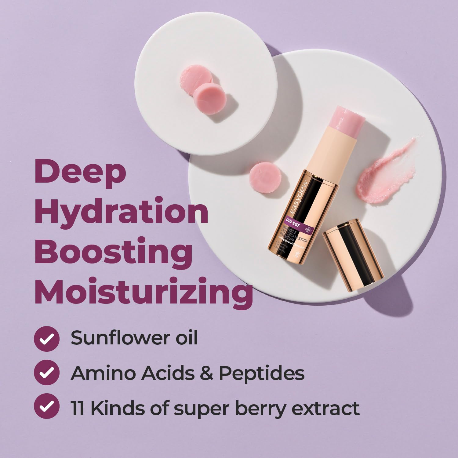 Close-up texture shot of the EASYDEW plumping peptide balm melting smoothly on the skin.