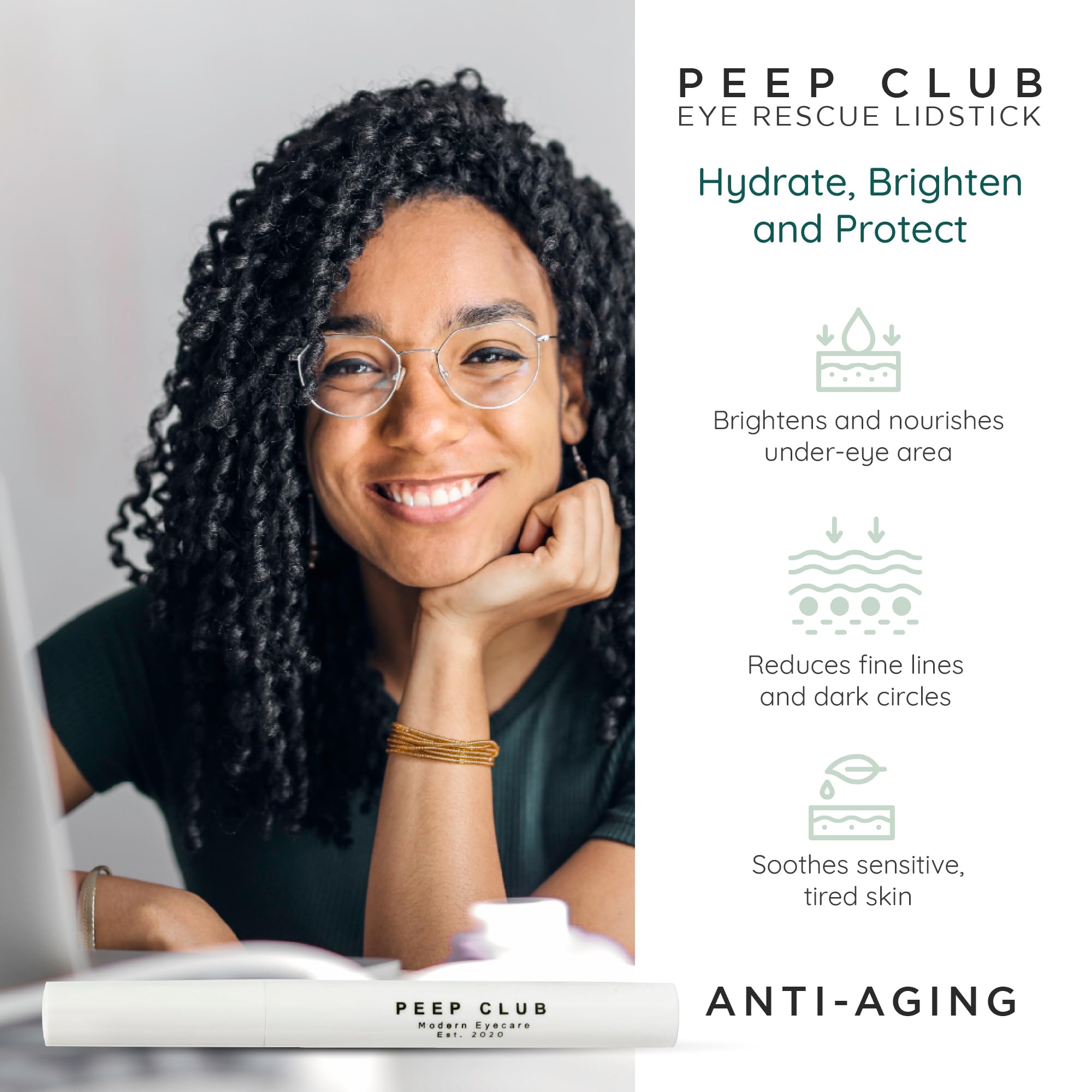Peep Club anti-aging eye balm stick showing the texture of the hydrating formula