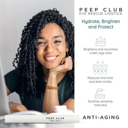 Peep Club anti-aging eye balm stick showing the texture of the hydrating formula