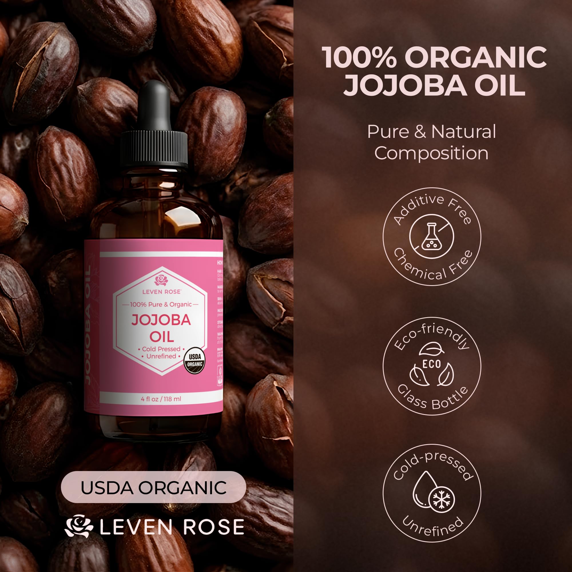 Organic cold pressed unrefined jojoba oil amber glass bottle.