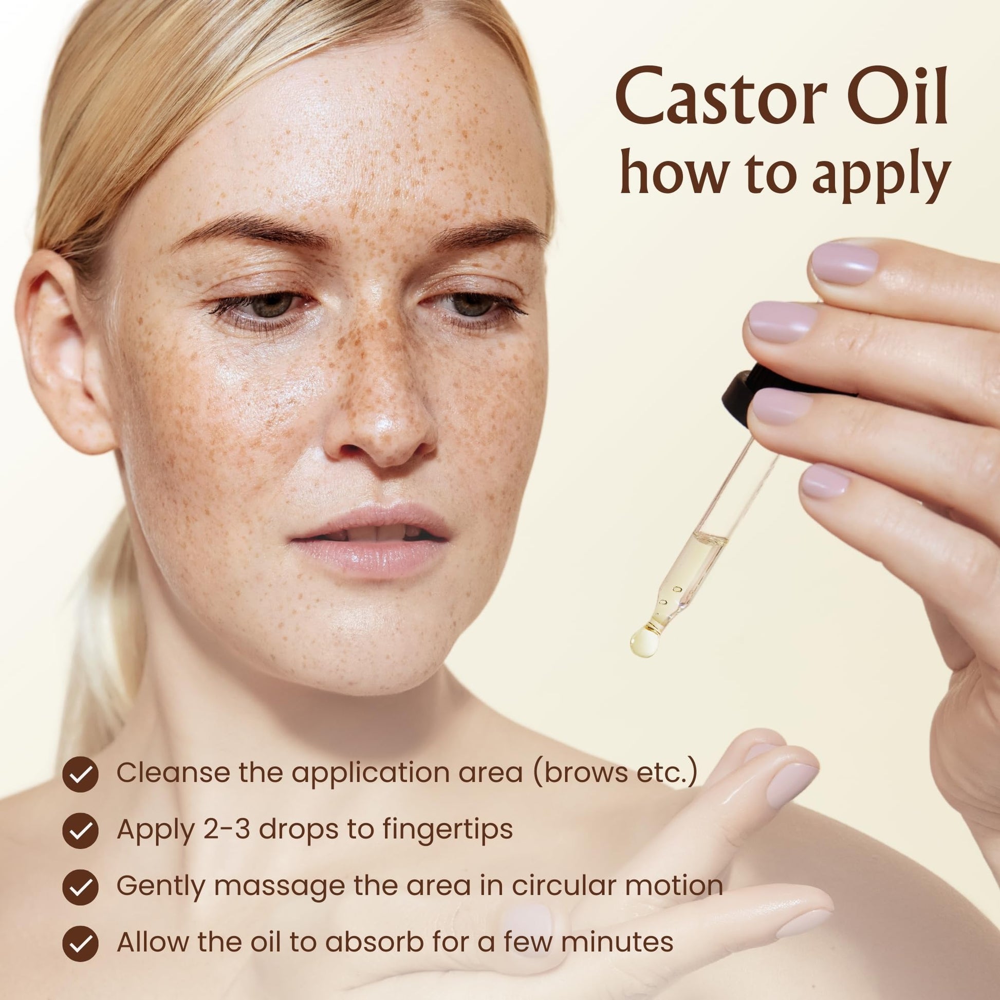 Cold pressed organic castor oil being applied to eyebrows with a precision spoolie brush.