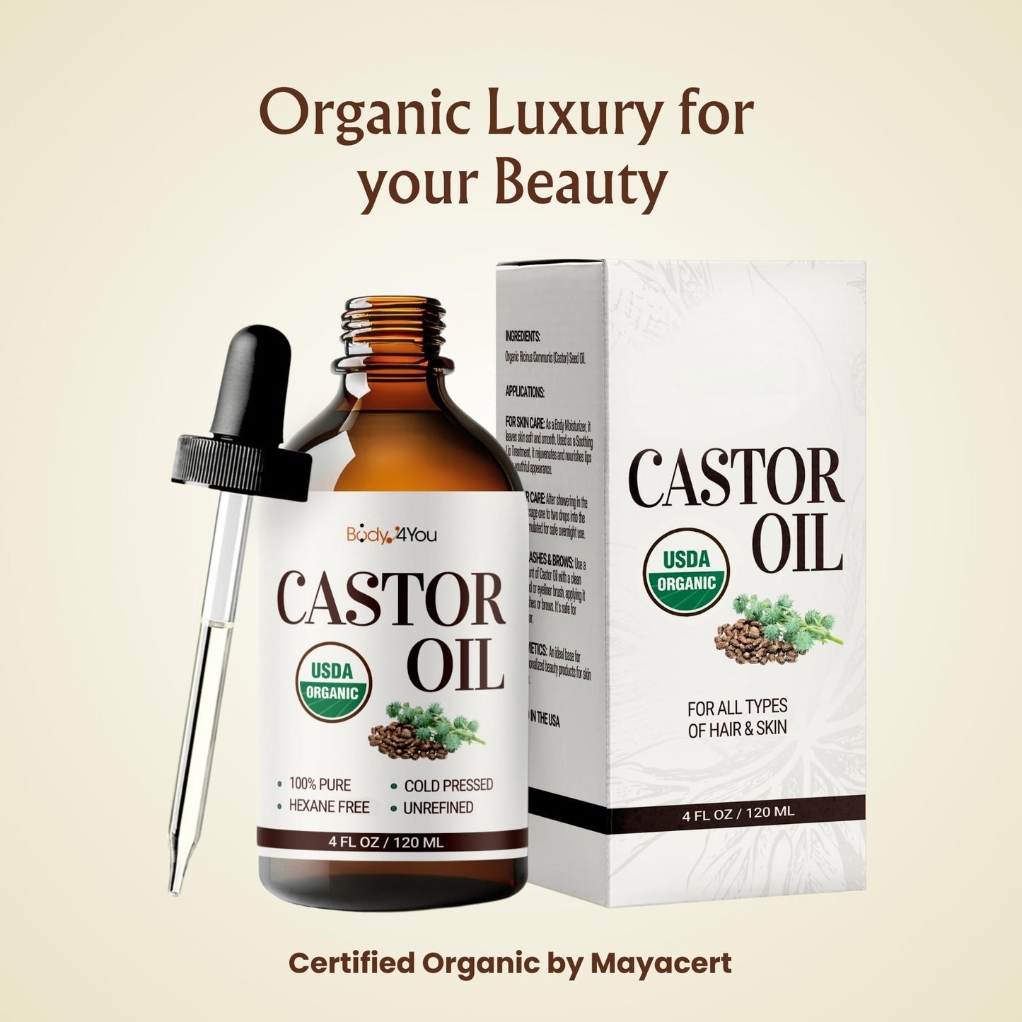 Authentic USA imported BodyJ4You pure natural castor oil packaging with full applicator accessories.