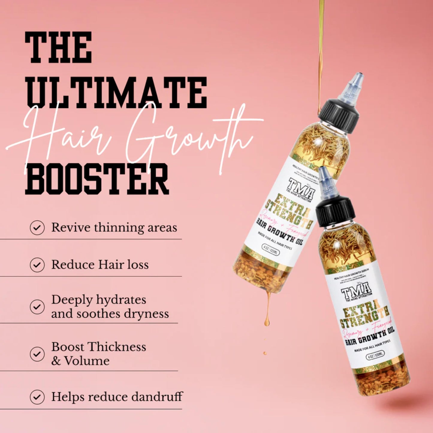 Back label of The Mane Attraction extra strength herbal oil showing authentic USA ingredients list