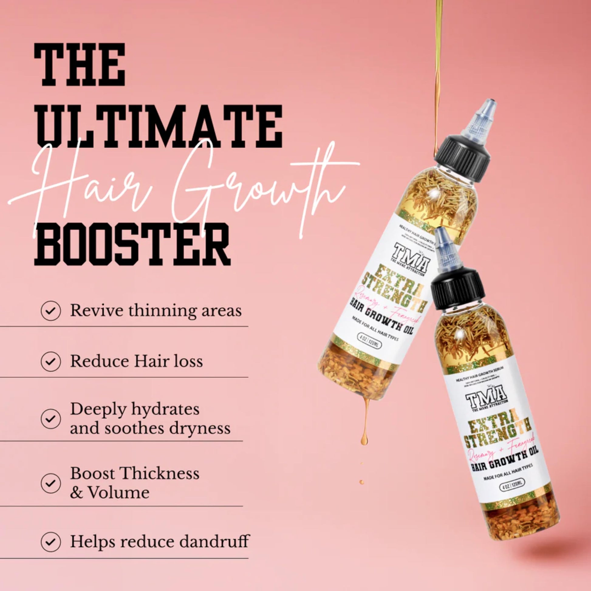 Back label of The Mane Attraction extra strength herbal oil showing authentic USA ingredients list