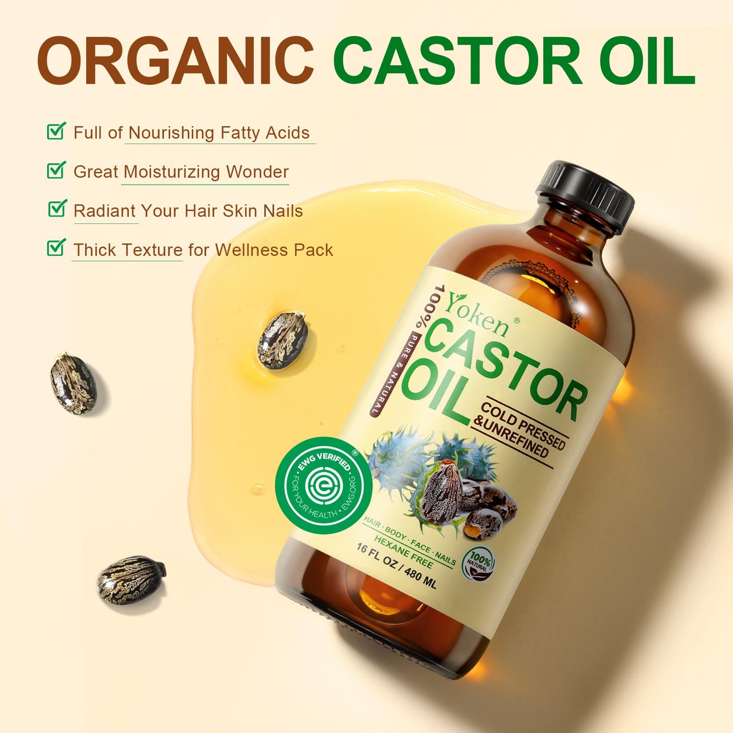 Yoken pure castor oil packaging demonstrating the secure amber glass construction designed to protect nutrient stability.