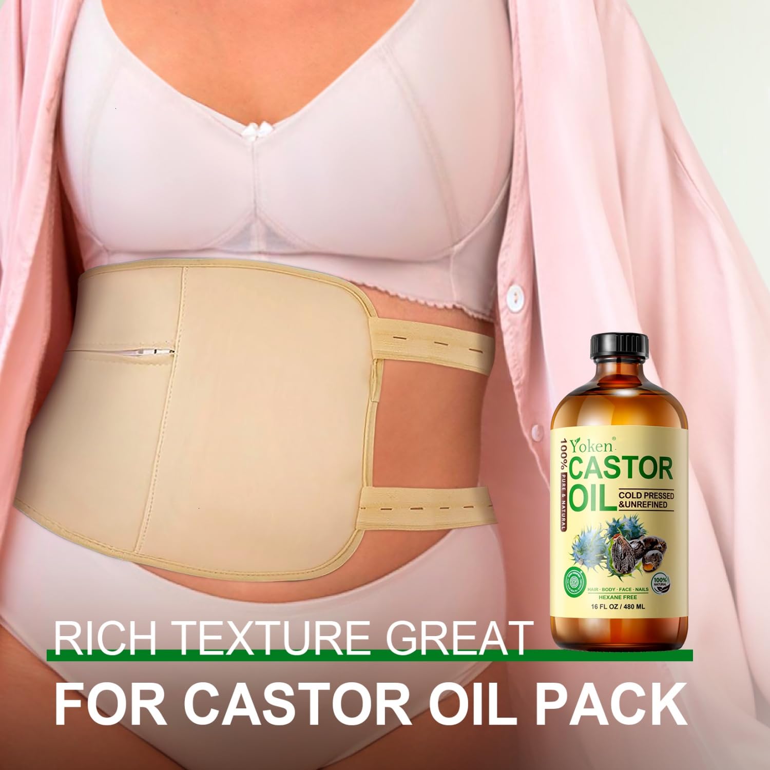 Yoken virgin castor oil product shot showcasing the multi purpose use for face eyelashes and brows.