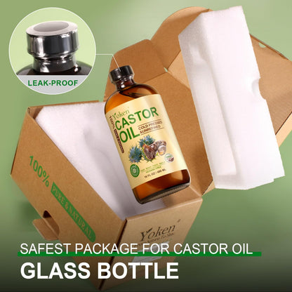 Yoken premium glass bottle castor oil highlighting its rich fatty acid content for deep body moisturization.