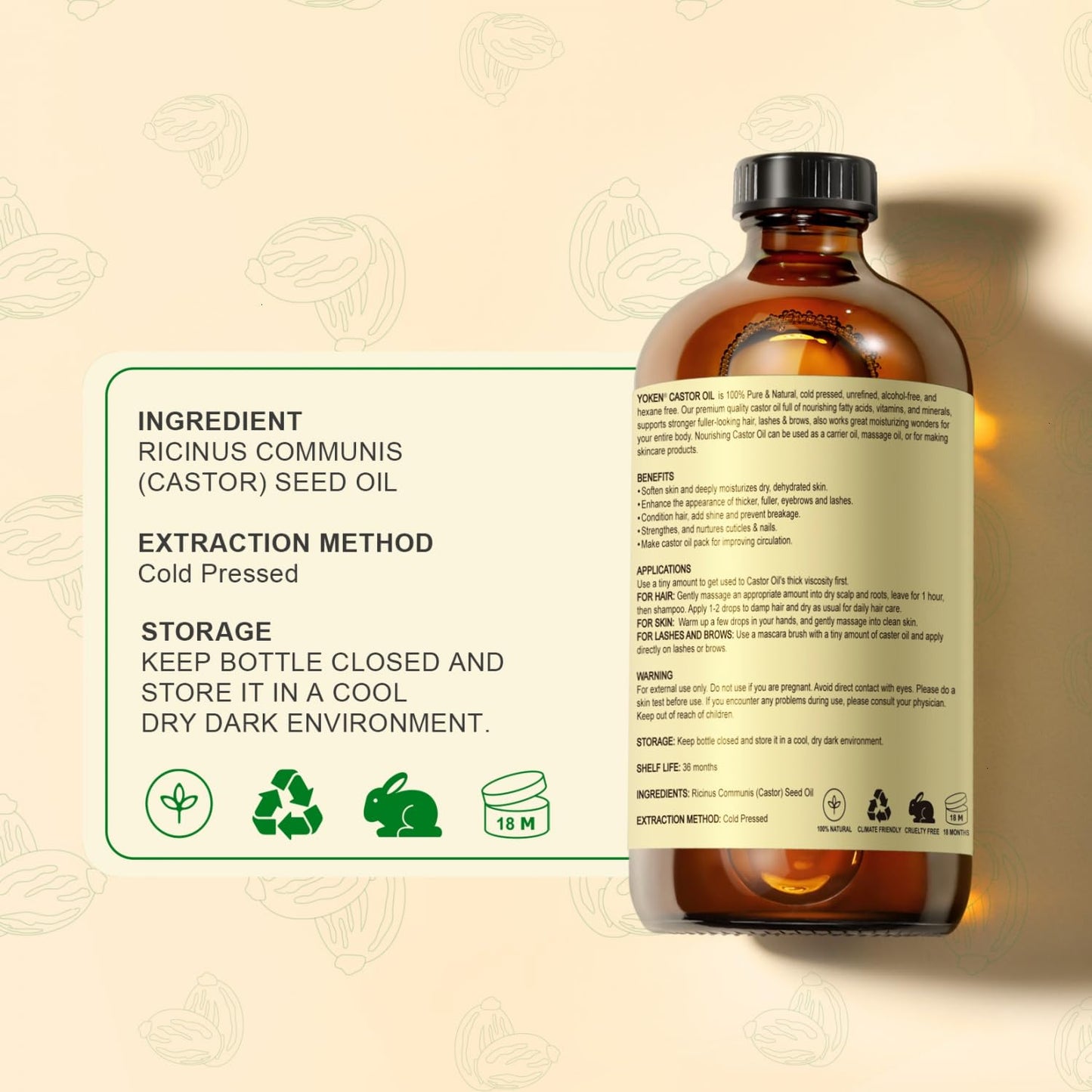Yoken imported pure castor oil packaging display representing authentic premium quality standards for wellness routines.