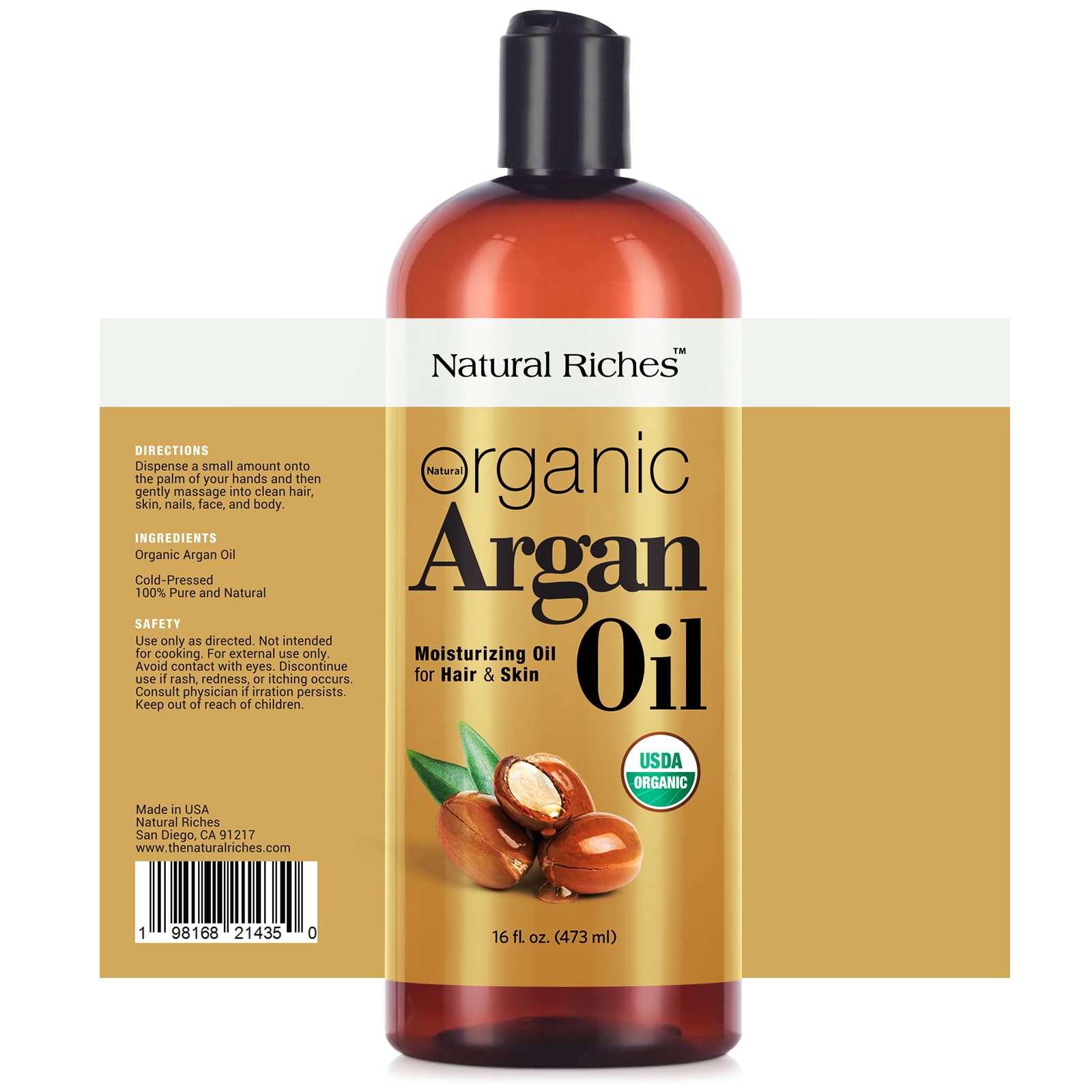 Natural Riches cold pressed Moroccan argan oil packaging highlighting the USDA Organic certification seal.