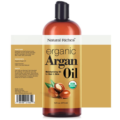 Natural Riches cold pressed Moroccan argan oil packaging highlighting the USDA Organic certification seal.