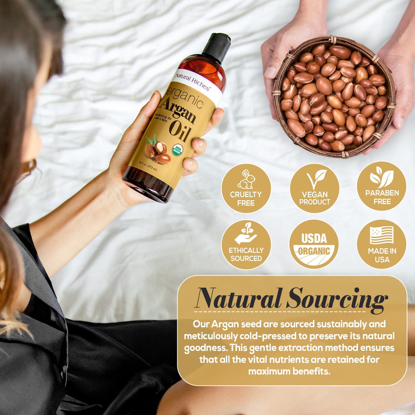 Back label of Natural Riches Argan Oil showcasing the pure ingredients and application instructions.