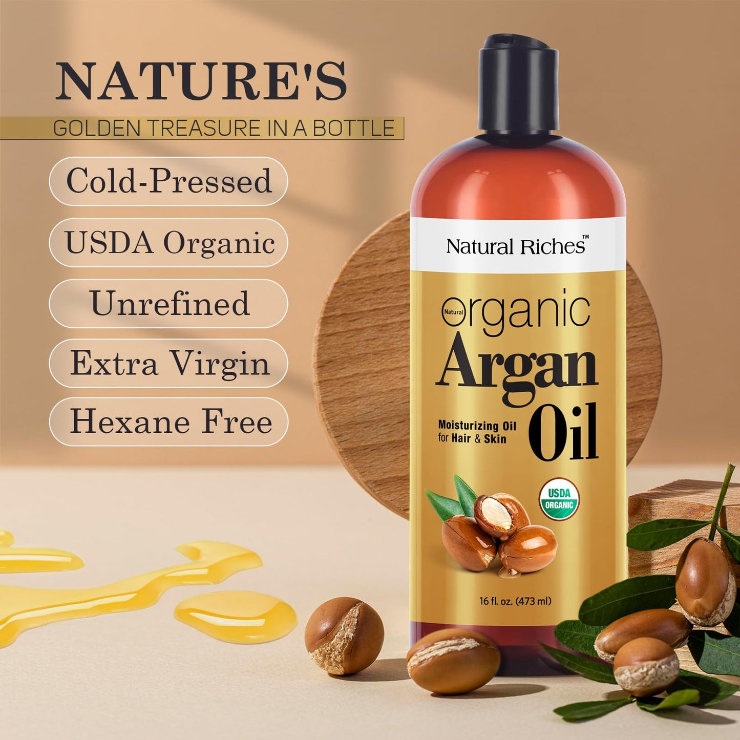 Natural Riches Organic Moroccan Argan Oil display emphasizing its large 16 Fluid Ounce salon size.