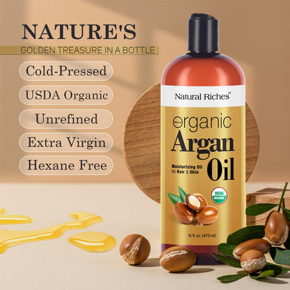 Natural Riches Organic Moroccan Argan Oil display emphasizing its large 16 Fluid Ounce salon size.