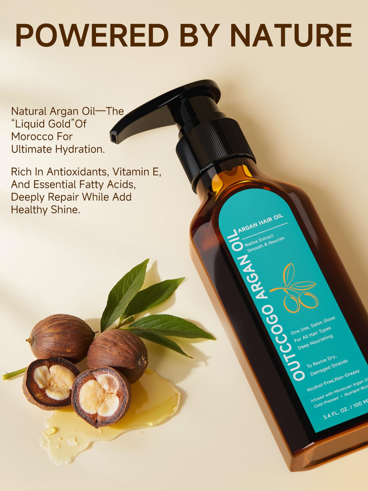 Yogi Care Moroccan Argan Hair Oil premium glass bottle with pump dispenser