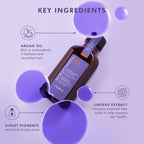 Violet pigment infused argan oil treatment bottle for cool toned blonde hair care
