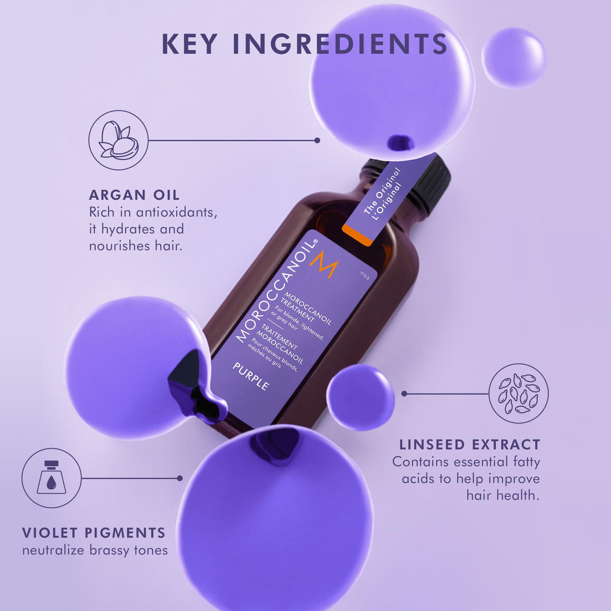 Violet pigment infused argan oil treatment bottle for cool toned blonde hair care