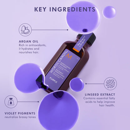 Violet pigment infused argan oil treatment bottle for cool toned blonde hair care