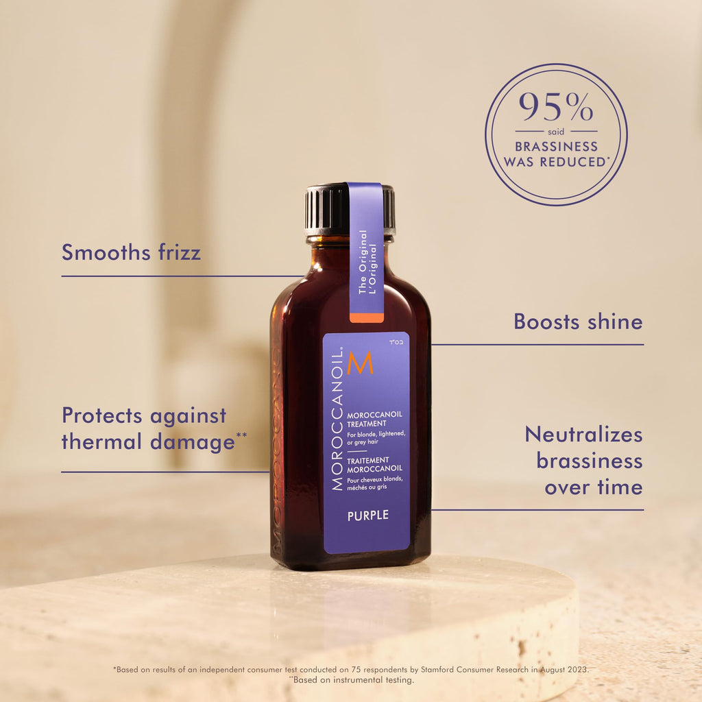 Frizz smoothing and heat protecting purple hair treatment oil formulation close up view