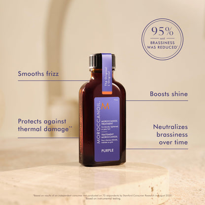 Frizz smoothing and heat protecting purple hair treatment oil formulation close up view