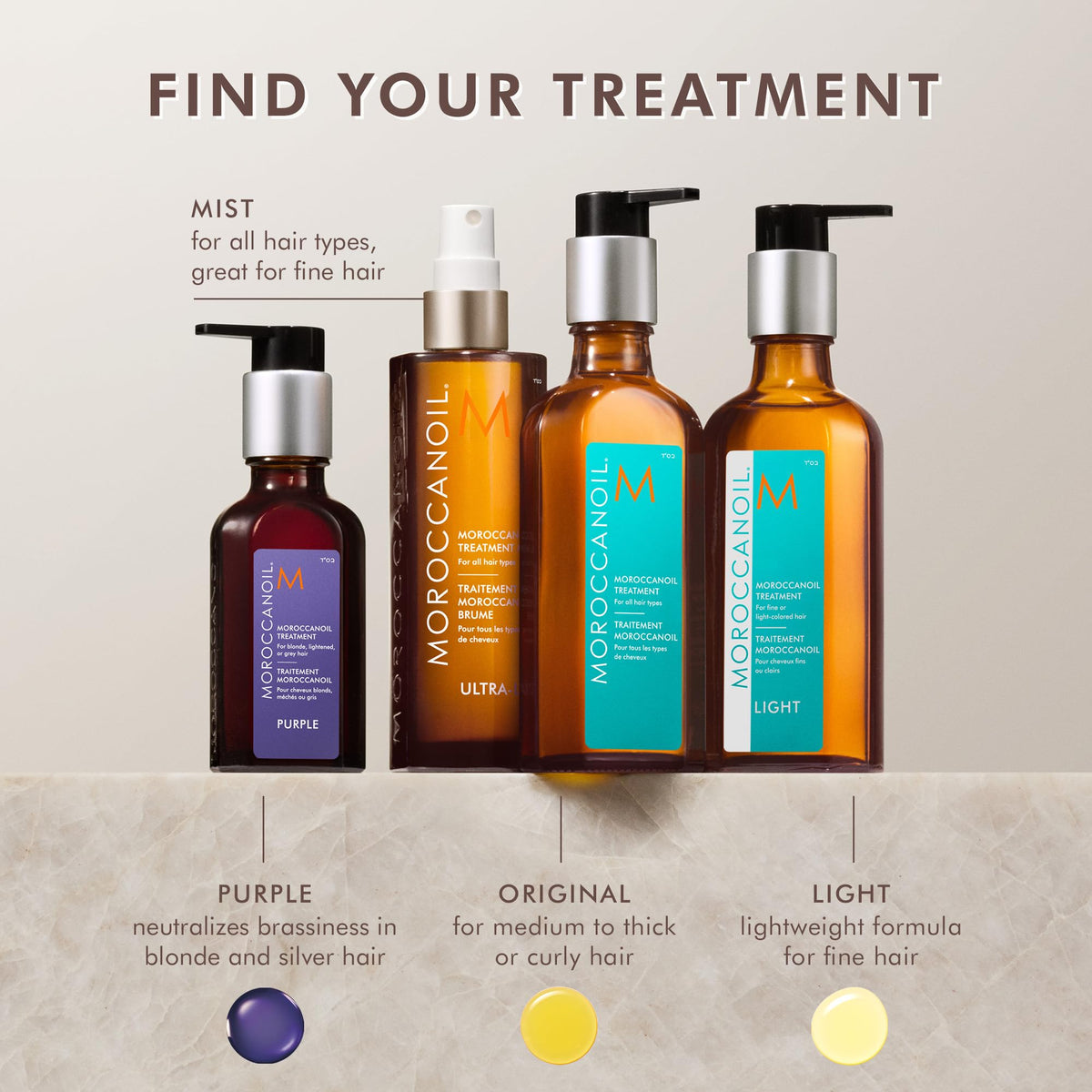 USA imported Moroccanoil purple treatment bottle on plain background for premium hair care