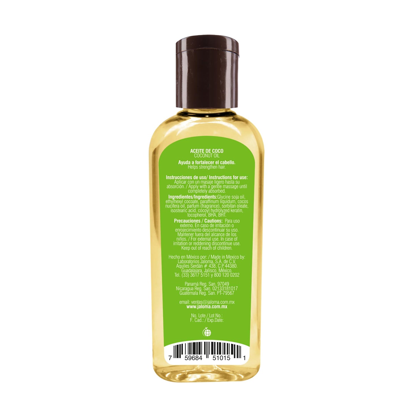 Back label of Jaloma coconut hair oil bottle detailing usage instructions and benefits