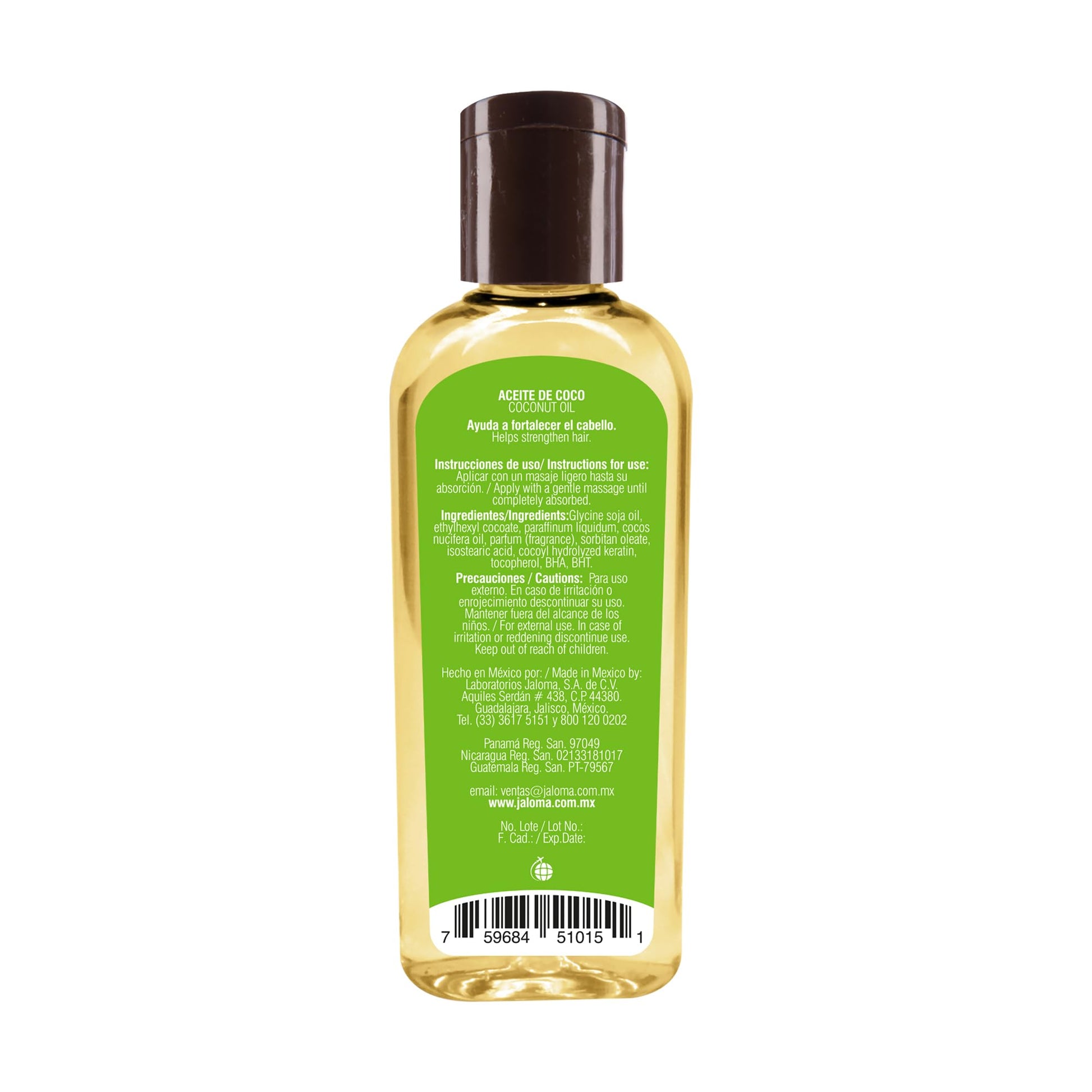 Back label of Jaloma coconut hair oil bottle detailing usage instructions and benefits