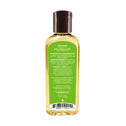 Back label of Jaloma coconut hair oil bottle detailing usage instructions and benefits