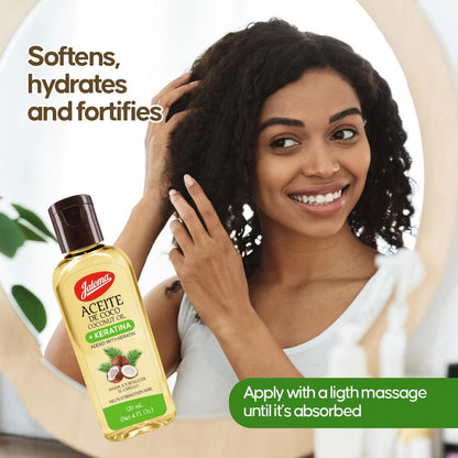 Lightweight Jaloma keratin and coconut oil bottle for damaged hair repair