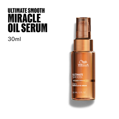 Wella Ultimate Smooth Hair Serum packaging displaying squalane and omega nine ingredients.