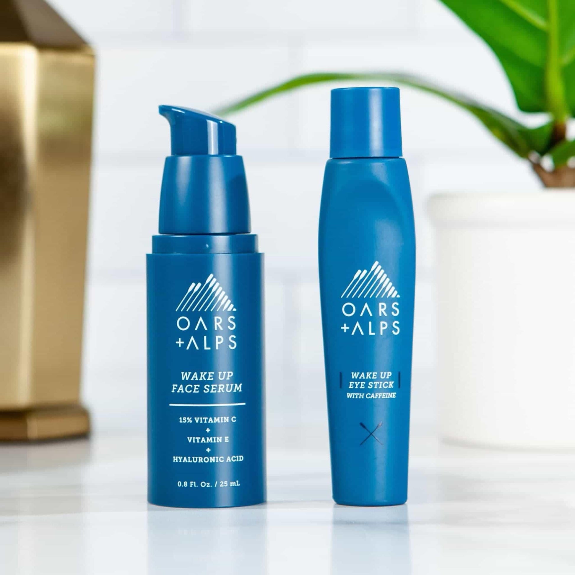 Oars + Alps men's premium grooming under eye treatment in lifestyle setting.