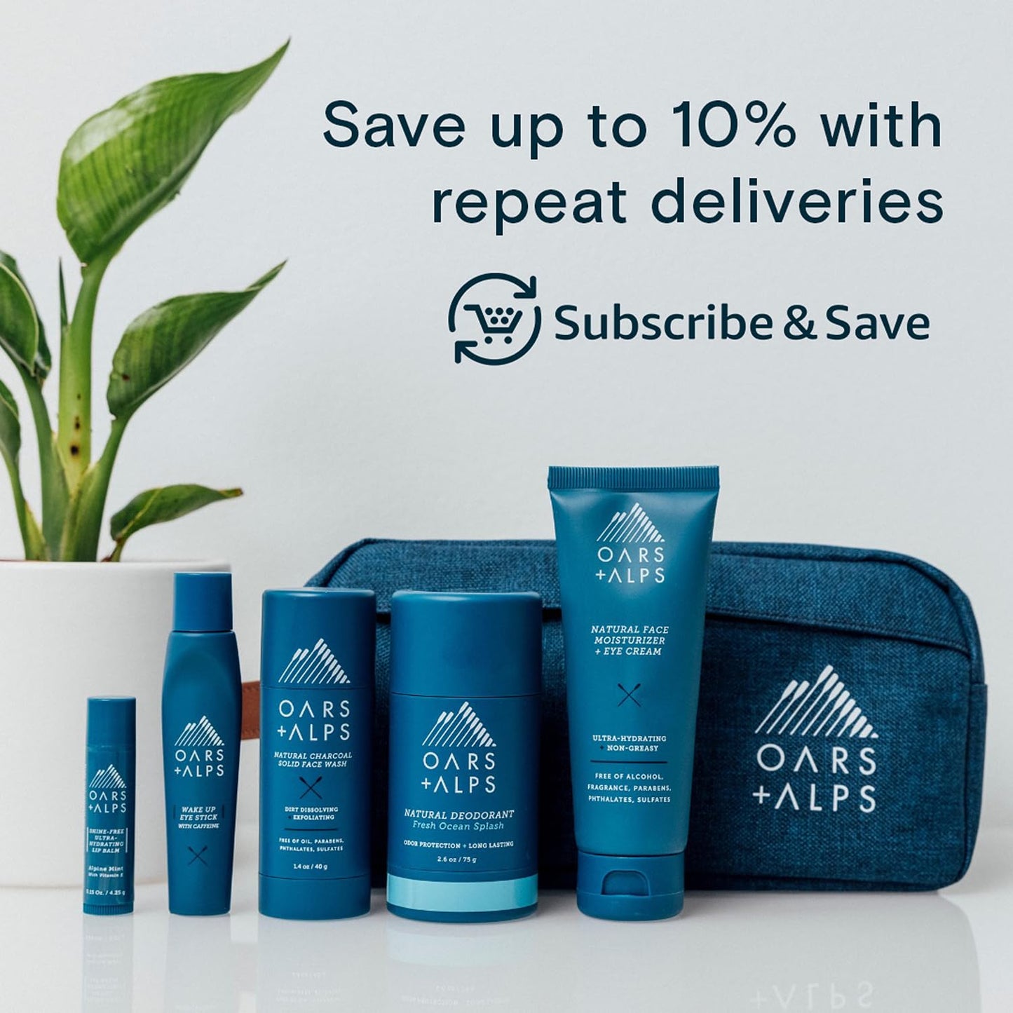 Oars + Alps morning routine skincare collection displaying the wake up eye stick roller.