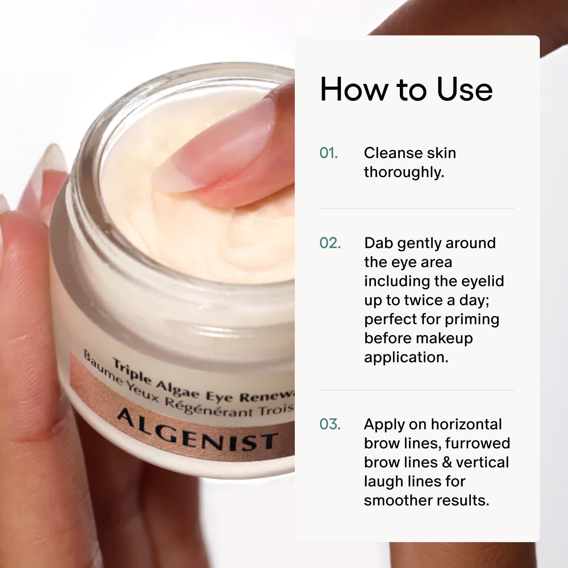 Algenist eye cream container open showing smooth hydrating formula