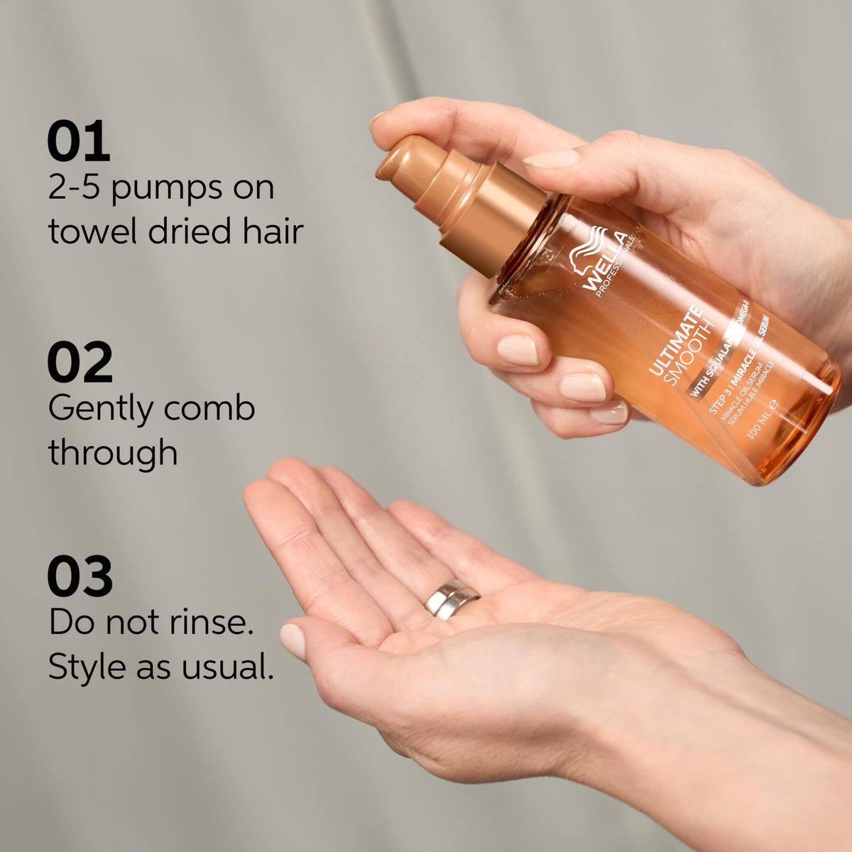 Wella Ultimate Smooth protective leave in serum bottle for color safe hair care.