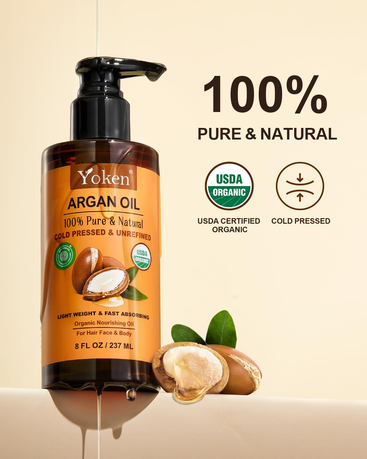 Pure cold pressed unrefined argan oil text label details on eight fluid ounce bottle