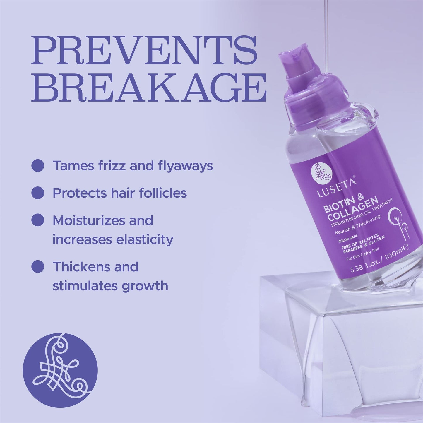 Biotin growth serum for frizz control close up shot