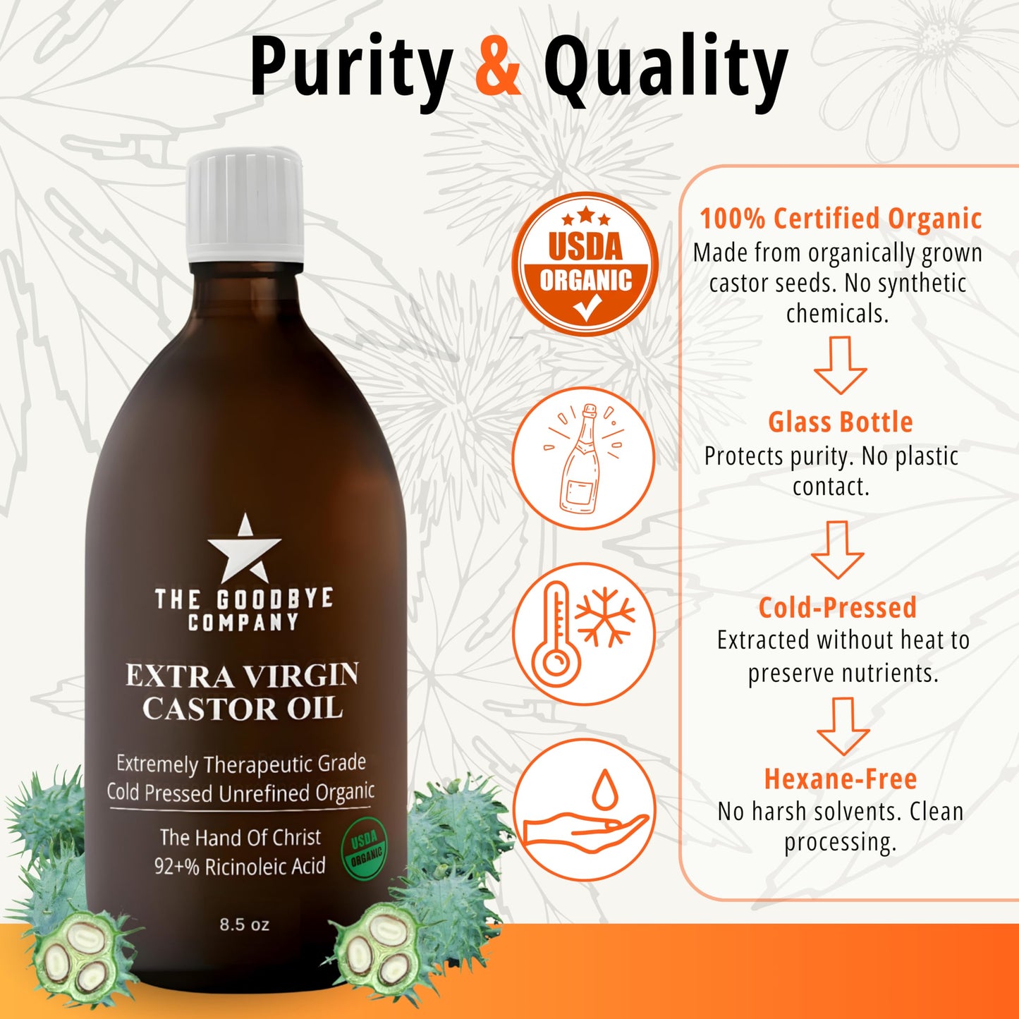 Pure food grade castor oil bottle showing small batch sourcing information