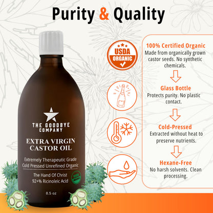 Pure food grade castor oil bottle showing small batch sourcing information